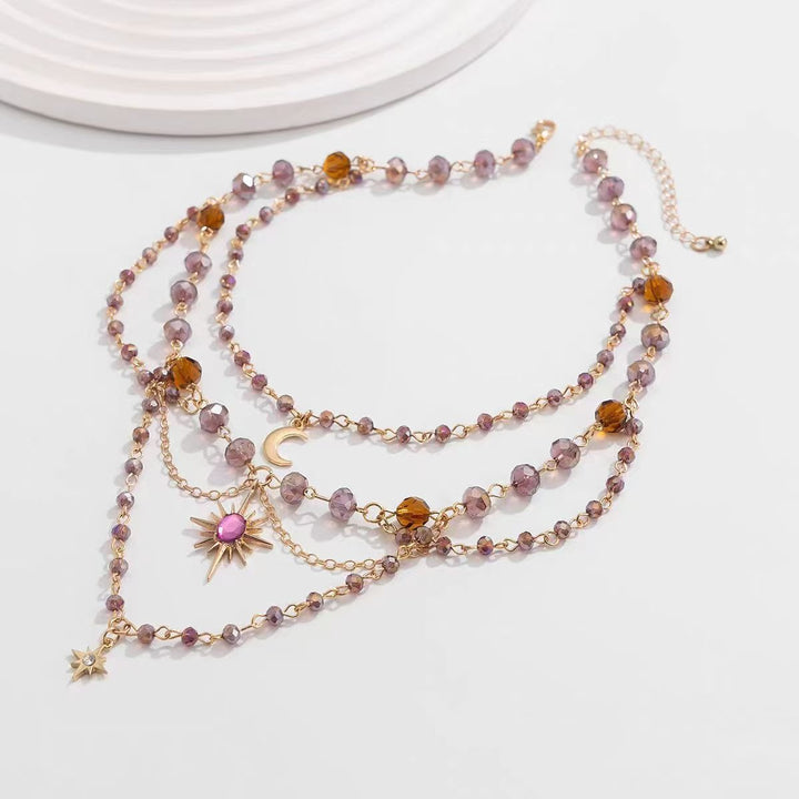 Celestial Lullaby 14K Gold Amethyst Moon Sun Star Layered Necklace