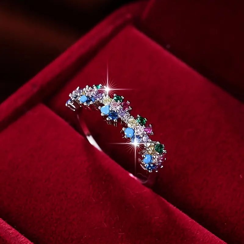 Life's Rainbow S925 Sterling Silver Platinum-Plated 7-Color Blossom Ring
