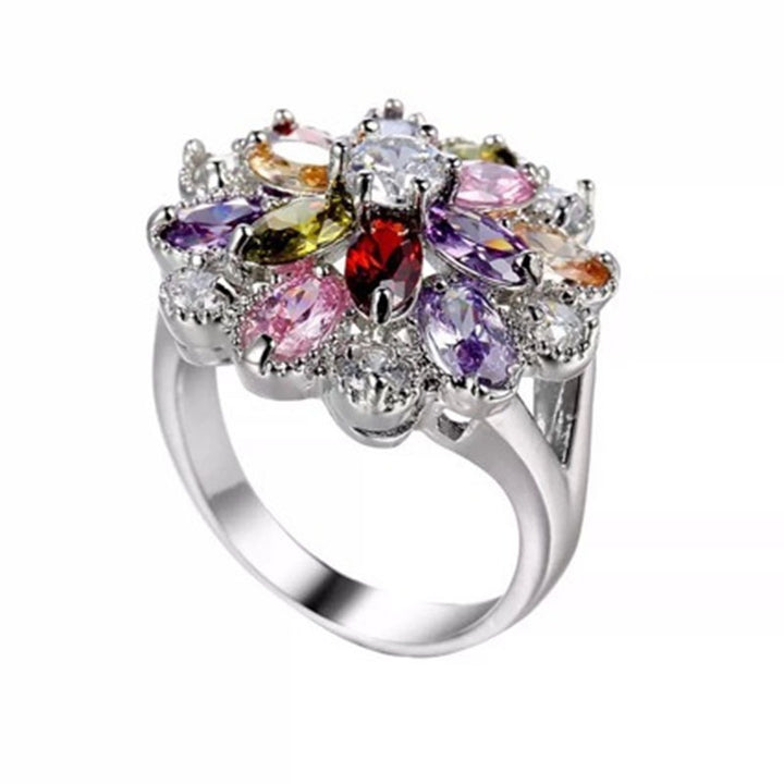Rainbow Blossom S925 Sterling Silver Platinum Plated Multi Gem Flower Ring