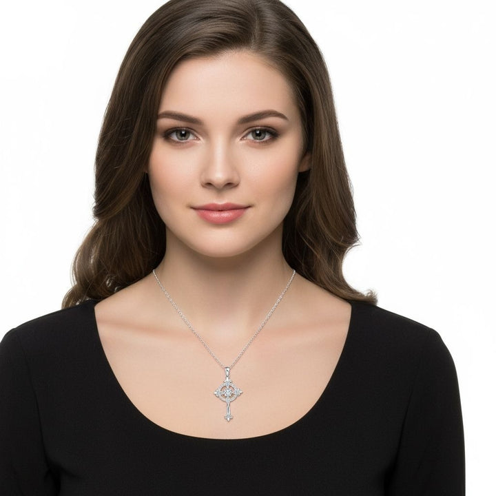 Celtic Sacred Ring S925 Sterling Silver Crystal Cross Necklace