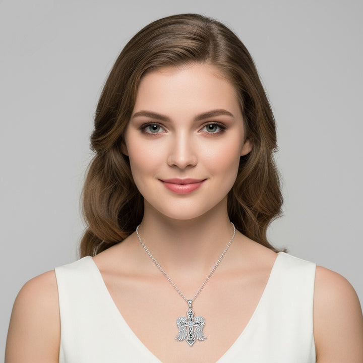 Angel Wings S925 Sterling Silver Celtic Cross Necklace