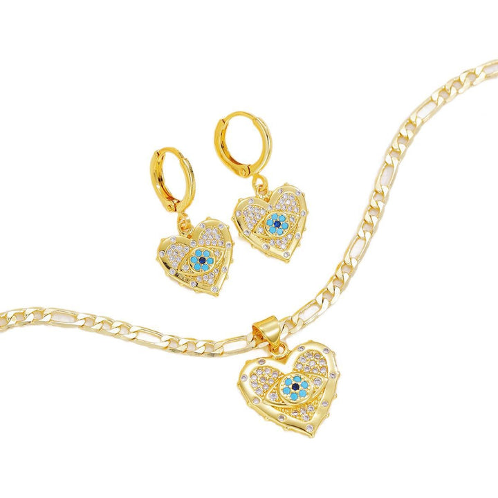 Evil Eye Guardian Heart Pave Diamond Necklace Earrings Set