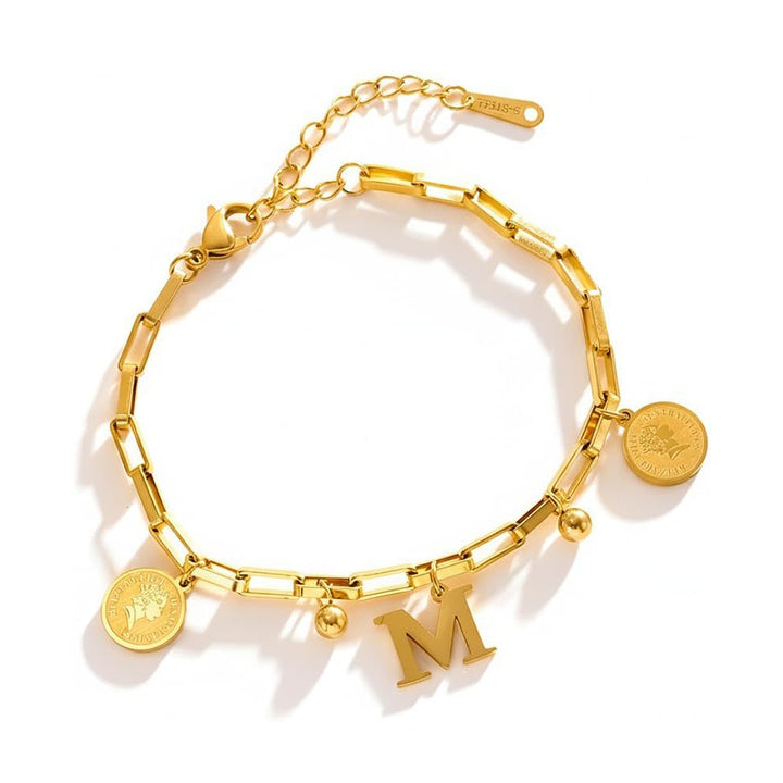 Personalized Initial Lucky Charm 26-Letter Vintage Coin 18K Gold Bracelet