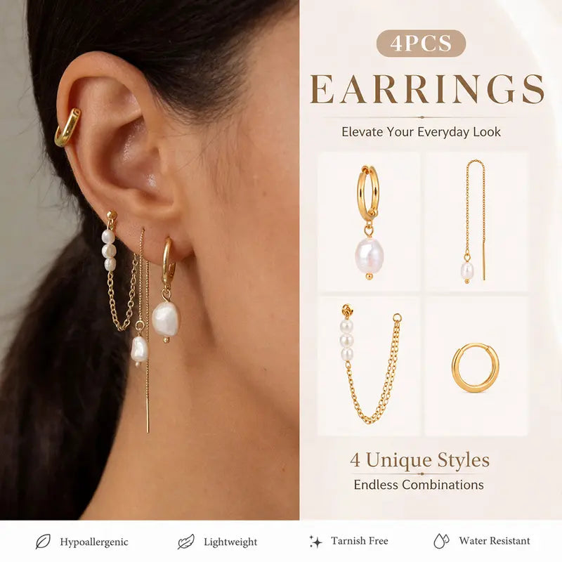 4-Piece Pearl Chain Earring Stacking Set