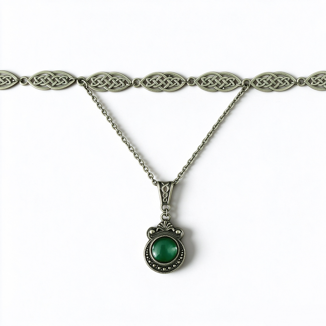 Vintage Celtic Knot Green Stone Choker Mystical Druid Nature Necklace