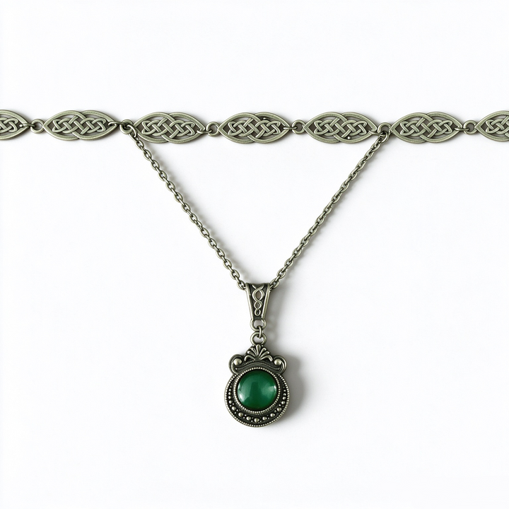 Vintage Celtic Knot Green Stone Choker Mystical Druid Nature Necklace