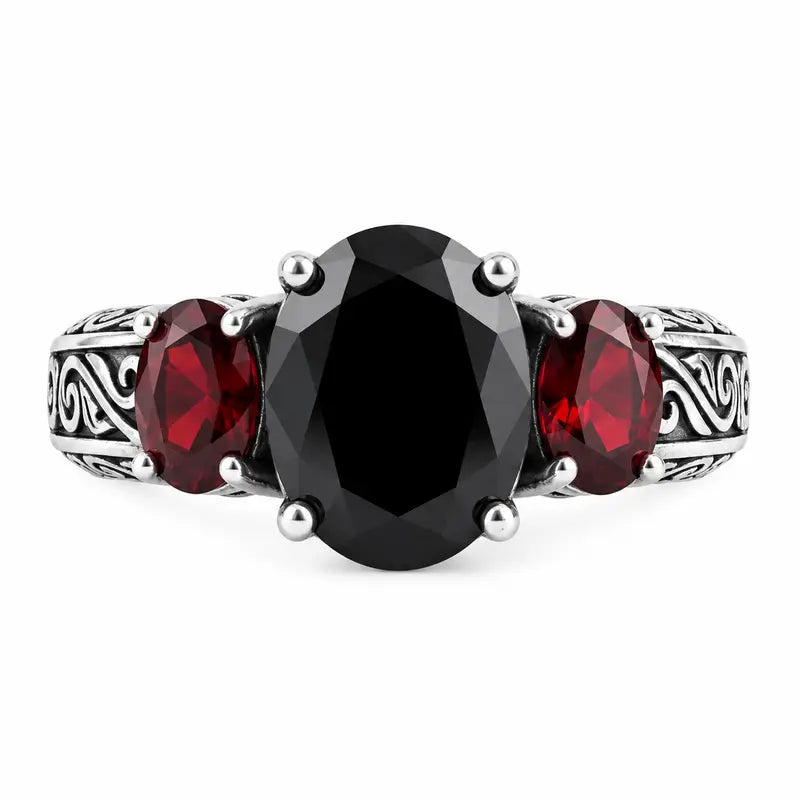 S925 Silver Black Obsidian & Garnet Talisman Ring