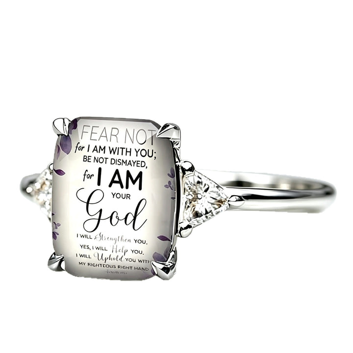 S925 Sterling Silver Bible Verse Square Ring Isaiah 41:10 Pavé Ring