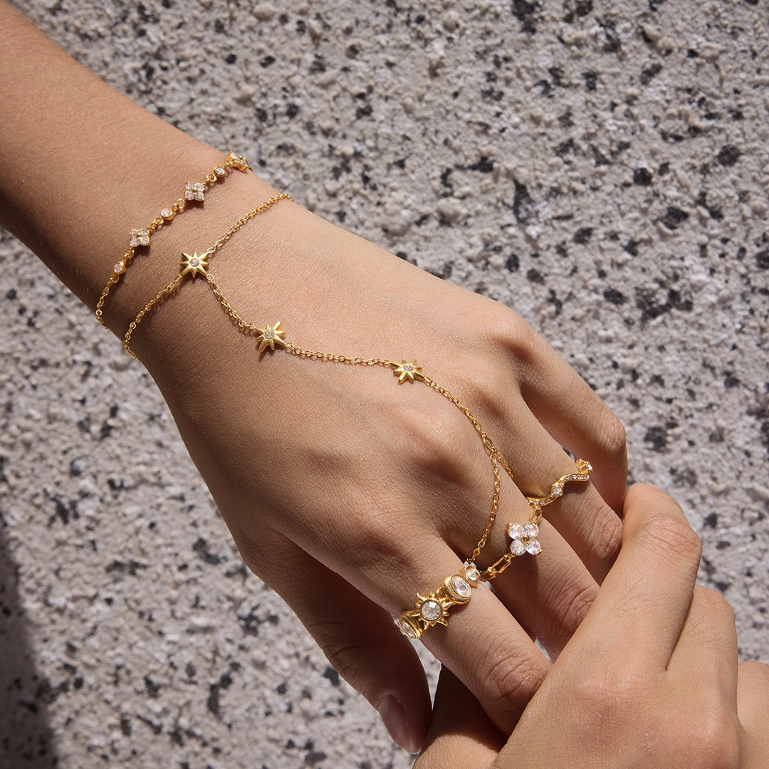18K Gold Waterproof Stainless Steel Rings & Finger Bracelet Set