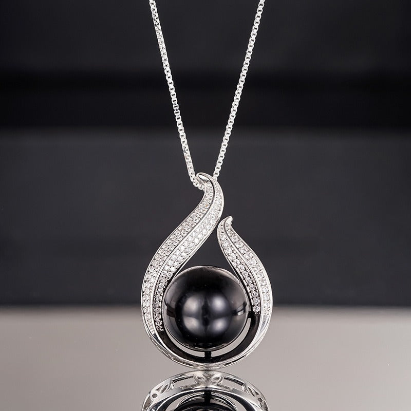 Silver Black Pearl & Pavé Streamline Necklace and Earrings Set