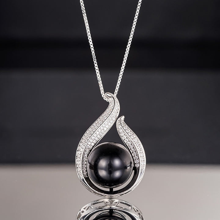 Silver Black Pearl & Pavé Streamline Necklace and Earrings Set