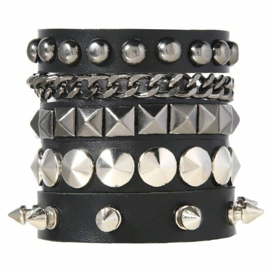 Vintage Rock Chic Studded Leather Bracelet Set