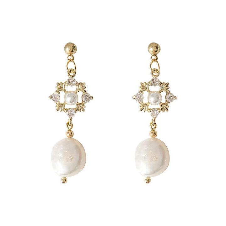 18K Gold Vintage Hollow Pearl Drop Earrings Freshwater Pearl & CZ Dangle Earrings