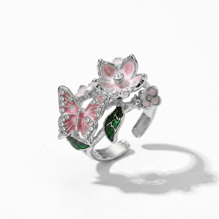 Vintage French Enamel Butterfly & Flower Open Ring