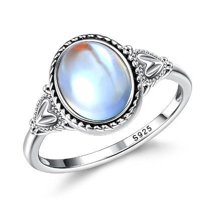 S925 Sterling Silver Vintage Heart Moonstone Ring