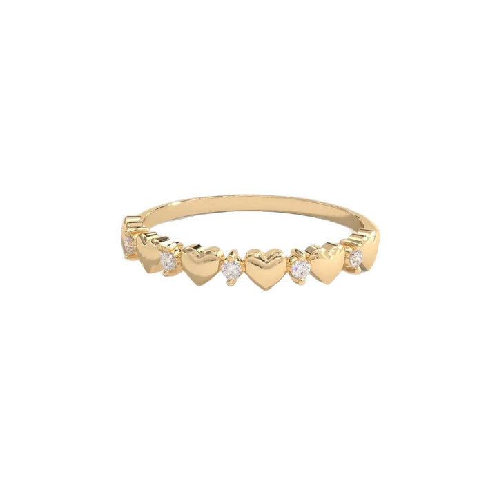 18K Gold Heart & Stone Alternating Dainty Ring Sweet Romantic Stackable Band