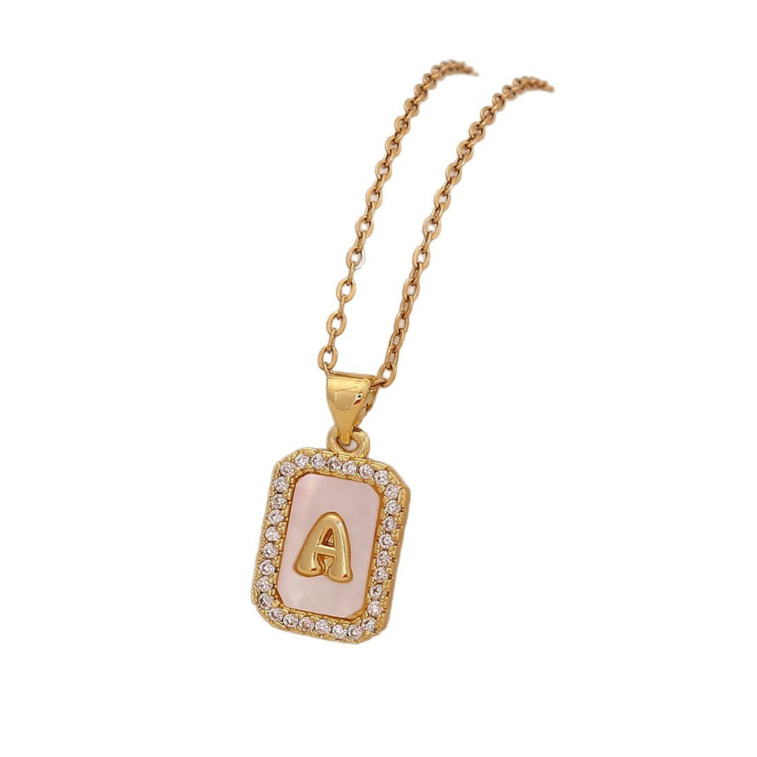 18K Gold Mother of Pearl Initial Necklace CZ Framed A-Z Square Letter Pendant