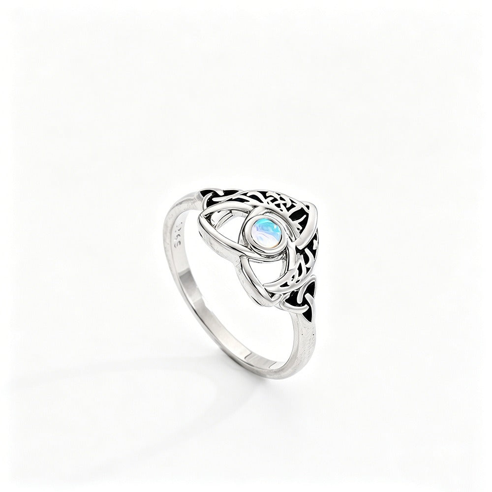 S925 Silver Vintage Moonstone Ring Celtic Hollow-Out Filigree
