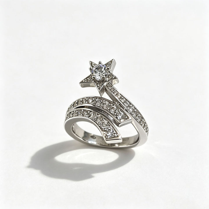 S925 Sterling Silver Shooting Star Pavé Ring Celestial Statement Ring