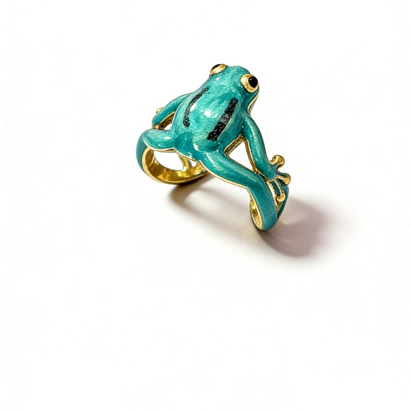 18K Gold Enamel Frog Open Ring