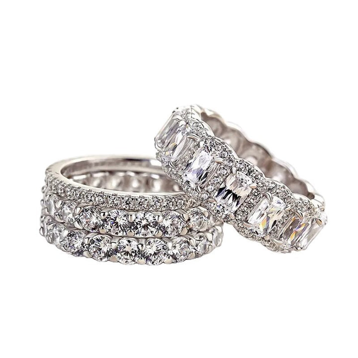 S925 Sterling Silver Emerald Cut 4-Piece Ring Set Luxe Full Eternity Stacking Set