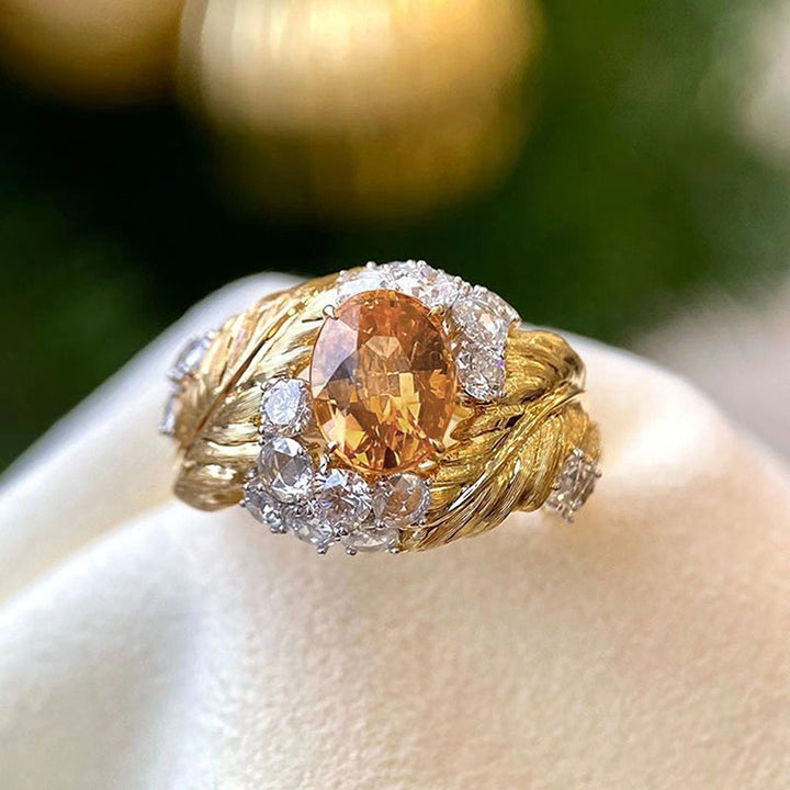 Vintage Feather & Leaf Open Ring Ruby or Champagne Center Stone