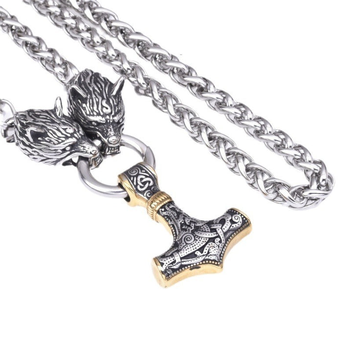 Viking Double Wolf Mjolnir Necklace