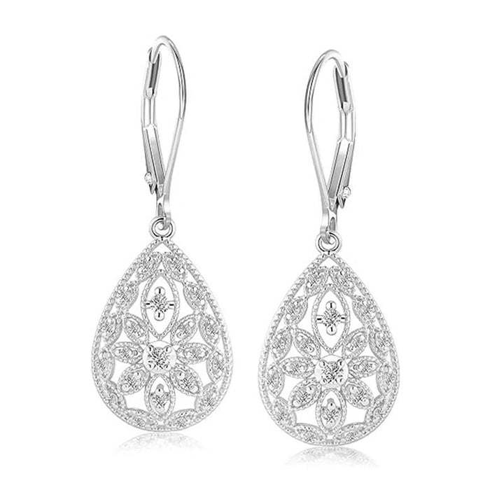 14K Gold Plated CZ S925 Silver Leverback French Vintage Teardrop Filigree Earrings