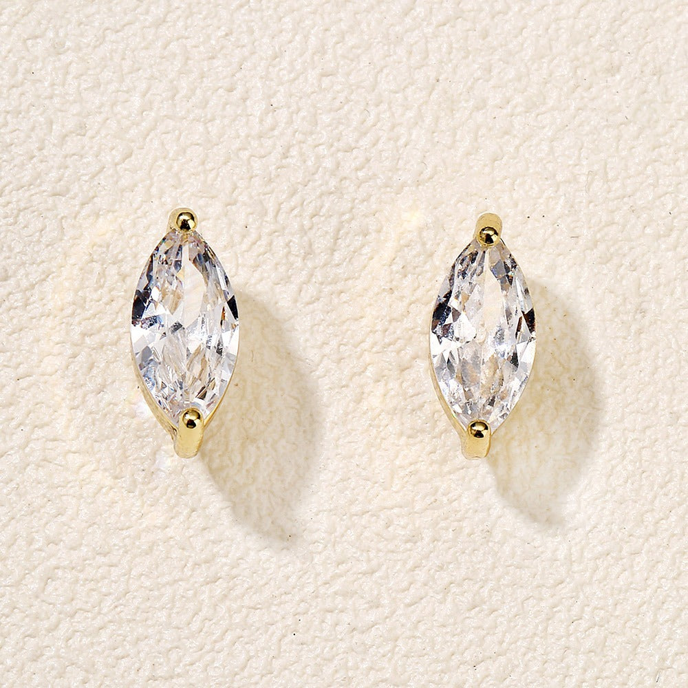 18K Gold & Silver Plated 2-Prong Setting Minimalist Marquise Solitaire Stud Earrings