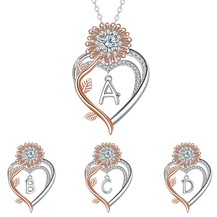 S925 Silver Sunflower Heart Initial Necklace Personalized A-Z Letter Pendant