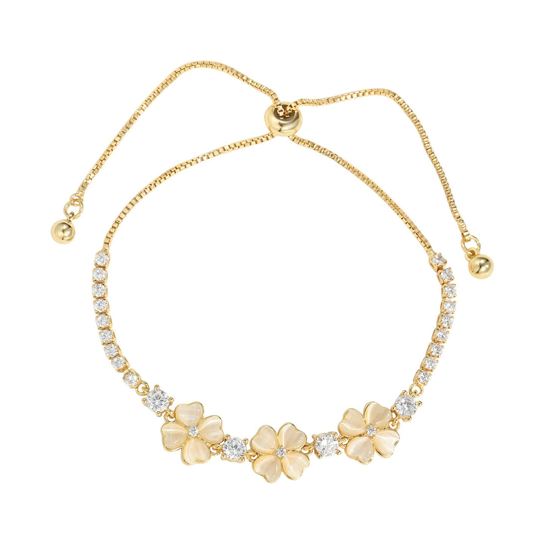 18K Gold Vintage Four-Leaf Clover Bracelet Elegant Pearl Shell & CZ Floral Jewelry