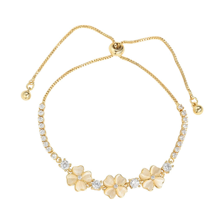 18K Gold Vintage Four-Leaf Clover Bracelet Elegant Pearl Shell & CZ Floral Jewelry