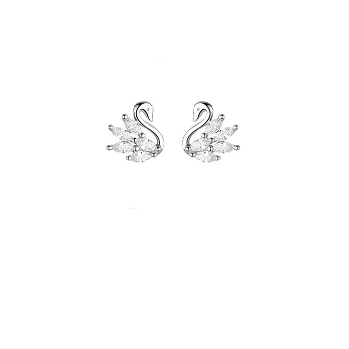 S925 Sterling Silver Elegant Swan Stud Earrings Marquise CZ Feather Design
