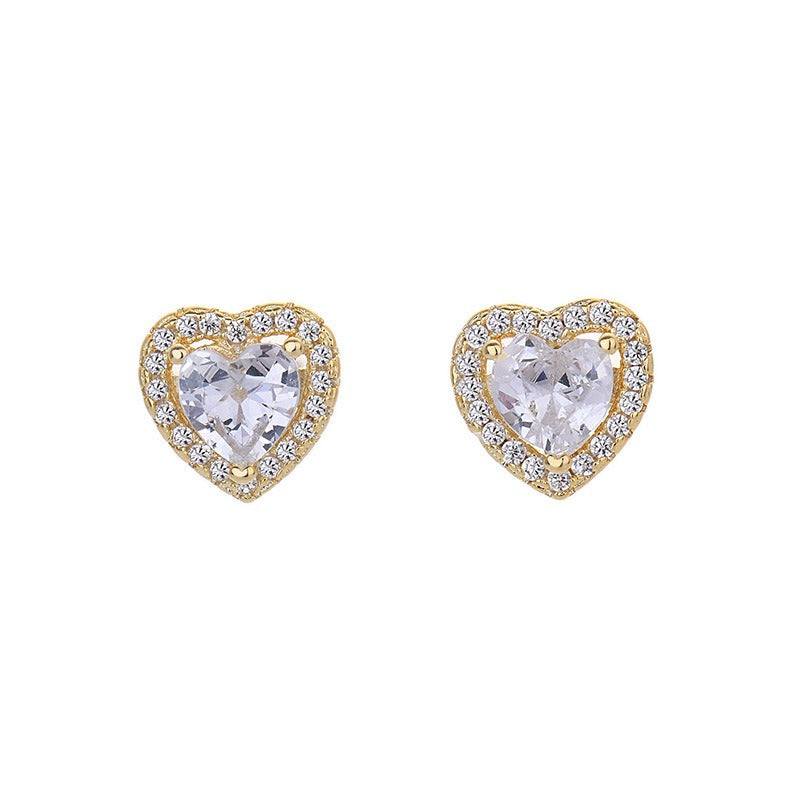 18K Gold & Silver Heart Halo CZ Stud Earrings