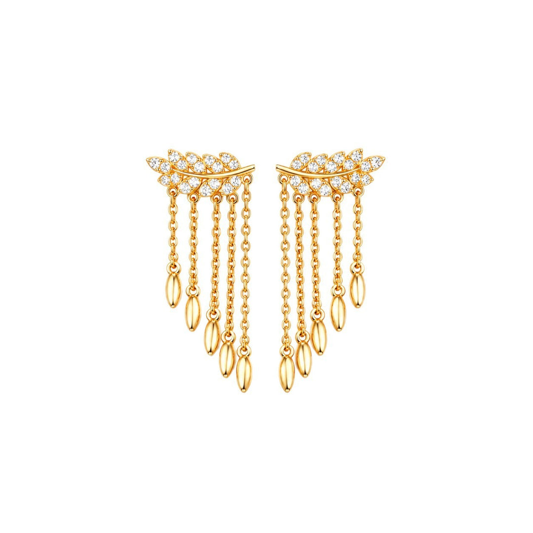 S925 Silver Pavé Laurel Leaf Tassel Earrings Botanical Ethereal Long Drop Earrings