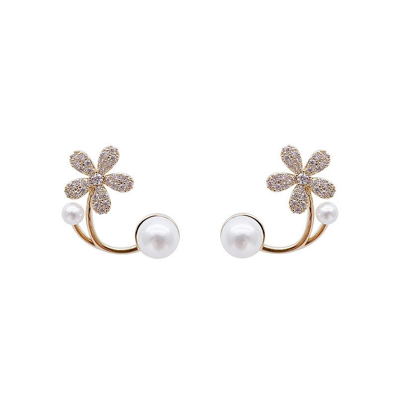 S925 Silver Floral Pearl Ear Cuff & Stud Set French Romantic Earrings
