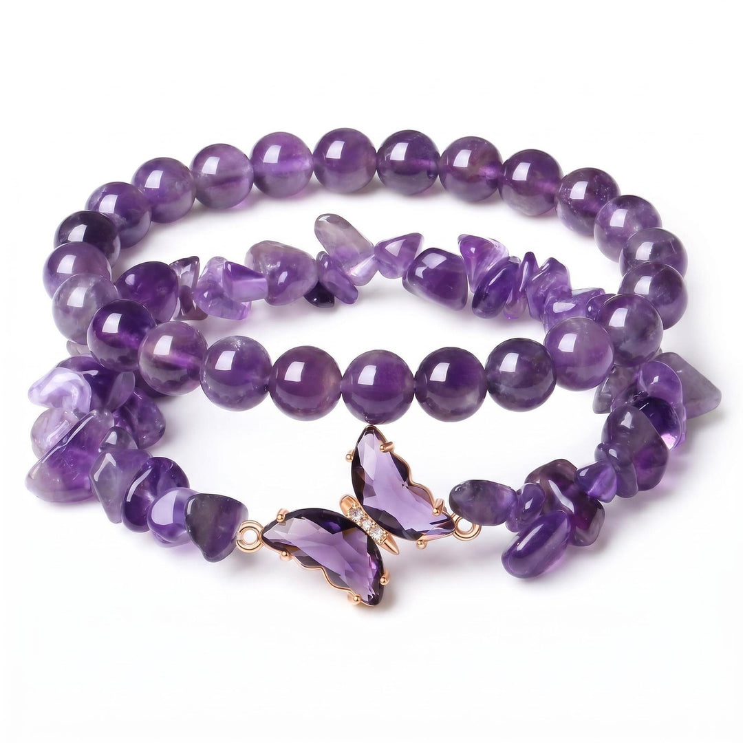 Butterfly Charm Natural Crystal Beaded & Chip Bracelet Set
