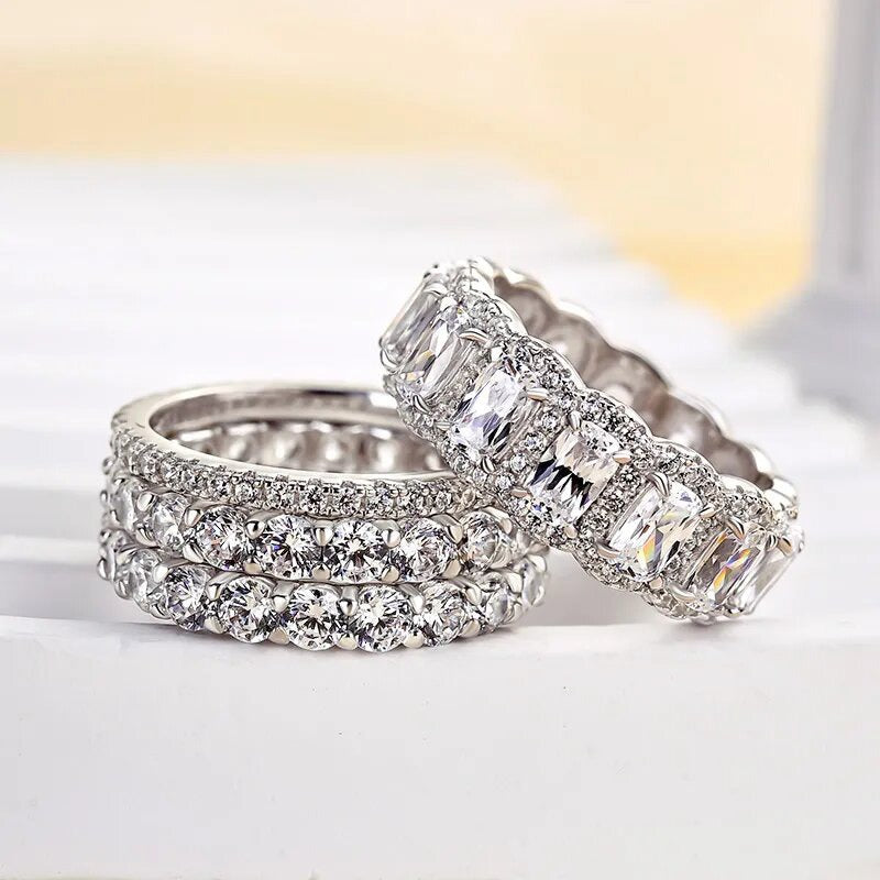 S925 Sterling Silver Emerald Cut 4-Piece Ring Set Luxe Full Eternity Stacking Set