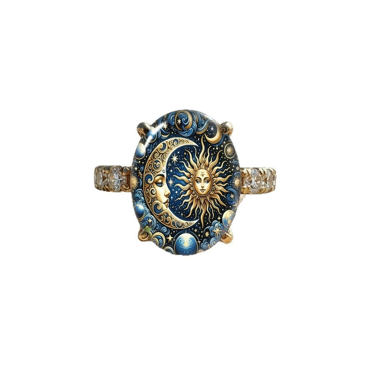18K Gold Vintage Sun & Moon Ring Mysterious Celestial Art Ring