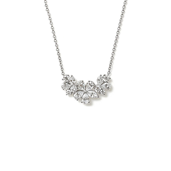S925 Silver French Floral Cluster Necklace Marquise & Pear Cut CZ Statement Chain