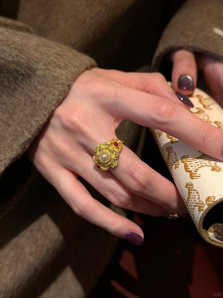 Vintage 18K Gold Plated Pearl & Ruby Floral Open Ring
