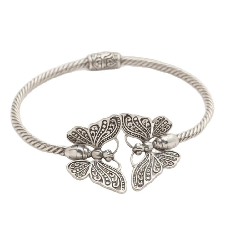 S925 Sterling Silver Twisted Texture Vintage Butterfly Open Cuff Bracelet
