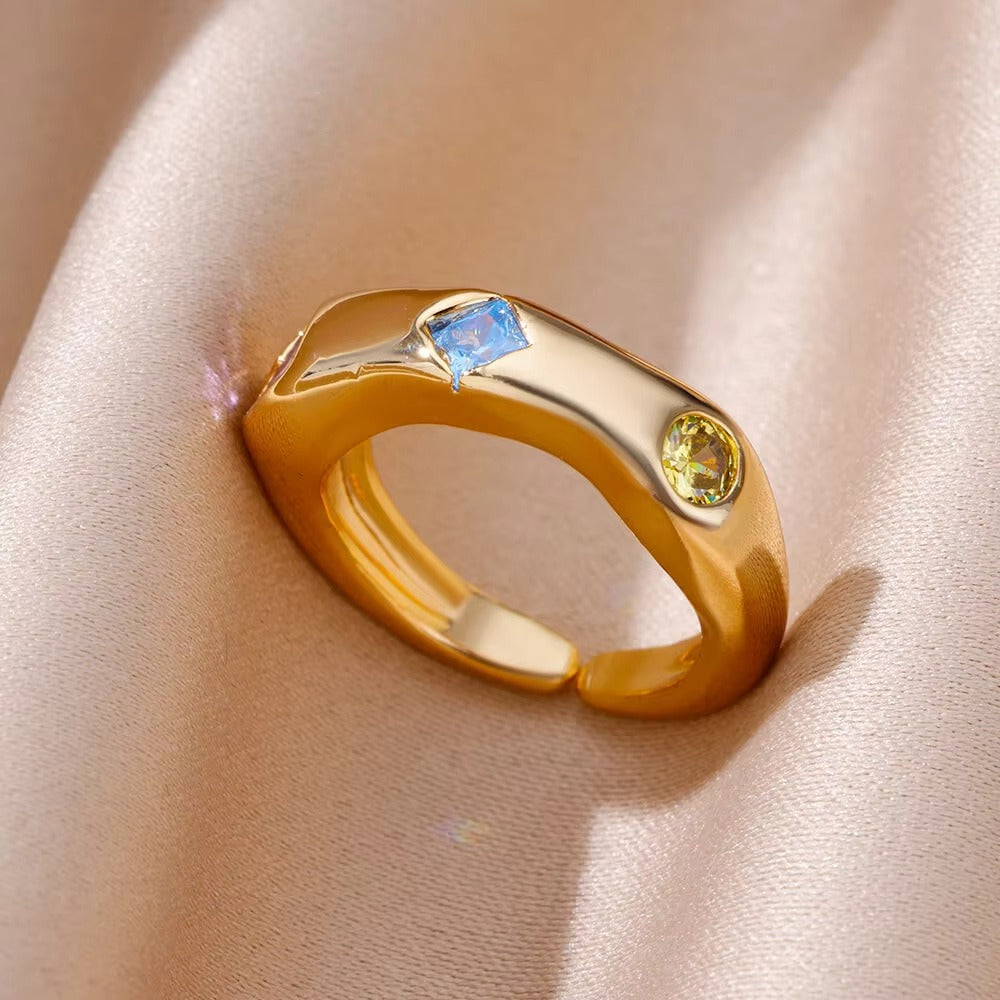 Prismatic Flow Geometric Cut Colorful Gemstone Wide Band Adjustable Ring