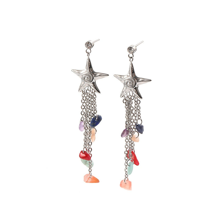 S925 Sterling Silver Starfish Natural Stone Tassel Earrings 18K Gold Bohemian Colorful Gemstone Dangle Earrings