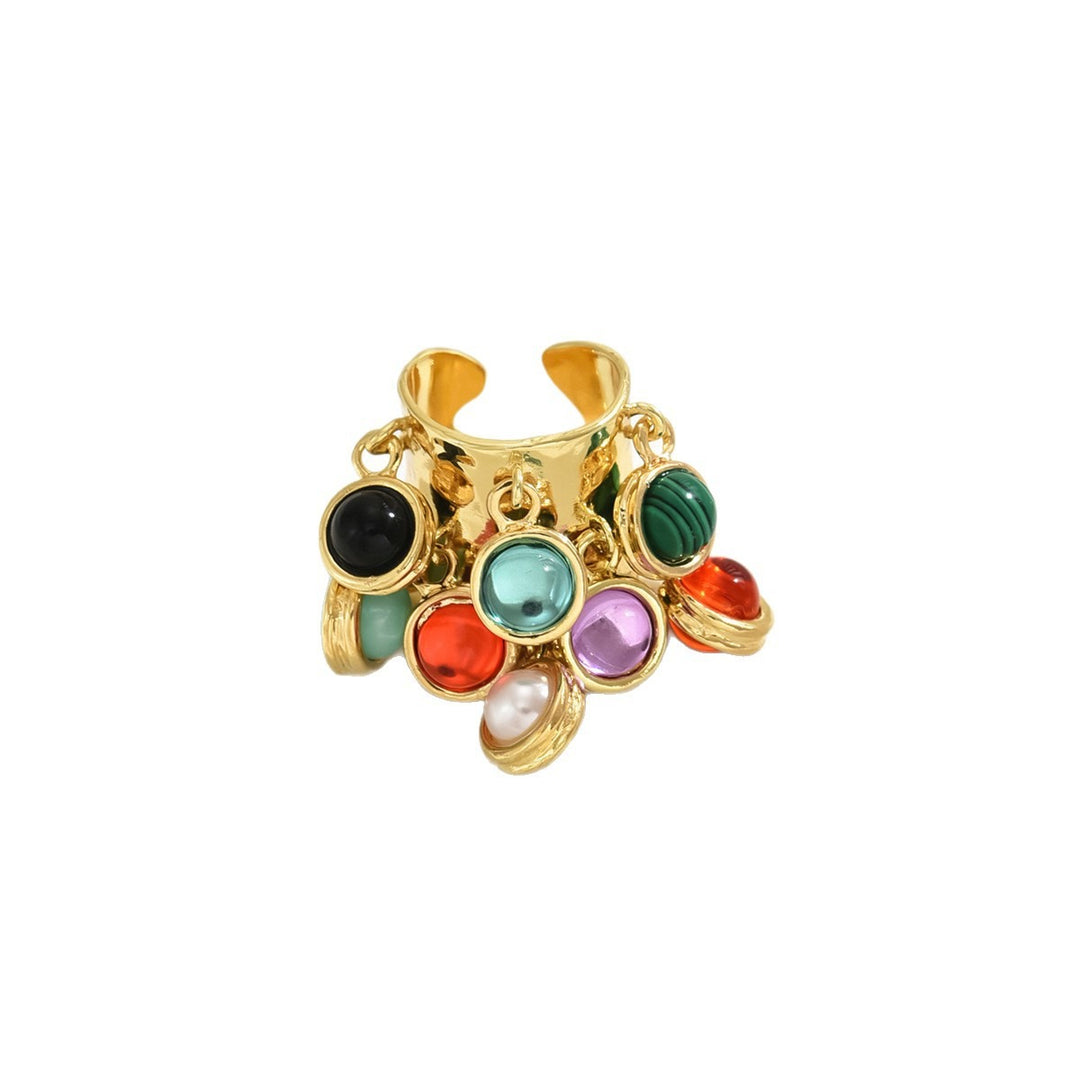 18K Gold Natural Stone Charm Open Ring Boho Vintage Wide Band Statement Ring