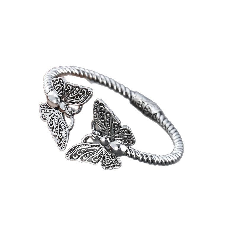 S925 Sterling Silver Twisted Texture Vintage Butterfly Open Cuff Bracelet