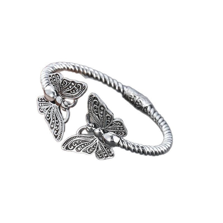 S925 Sterling Silver Twisted Texture Vintage Butterfly Open Cuff Bracelet