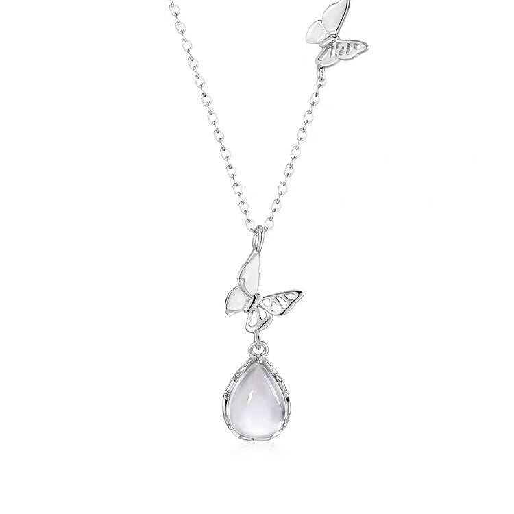 S925 Sterling Silver Ice-Clear Teardrop & Butterfly Necklace
