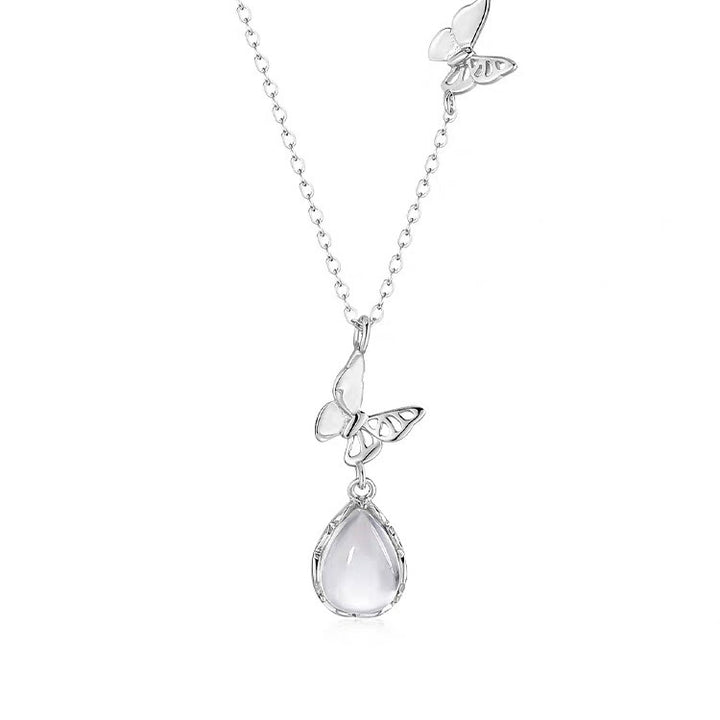 S925 Sterling Silver Ice-Clear Teardrop & Butterfly Necklace