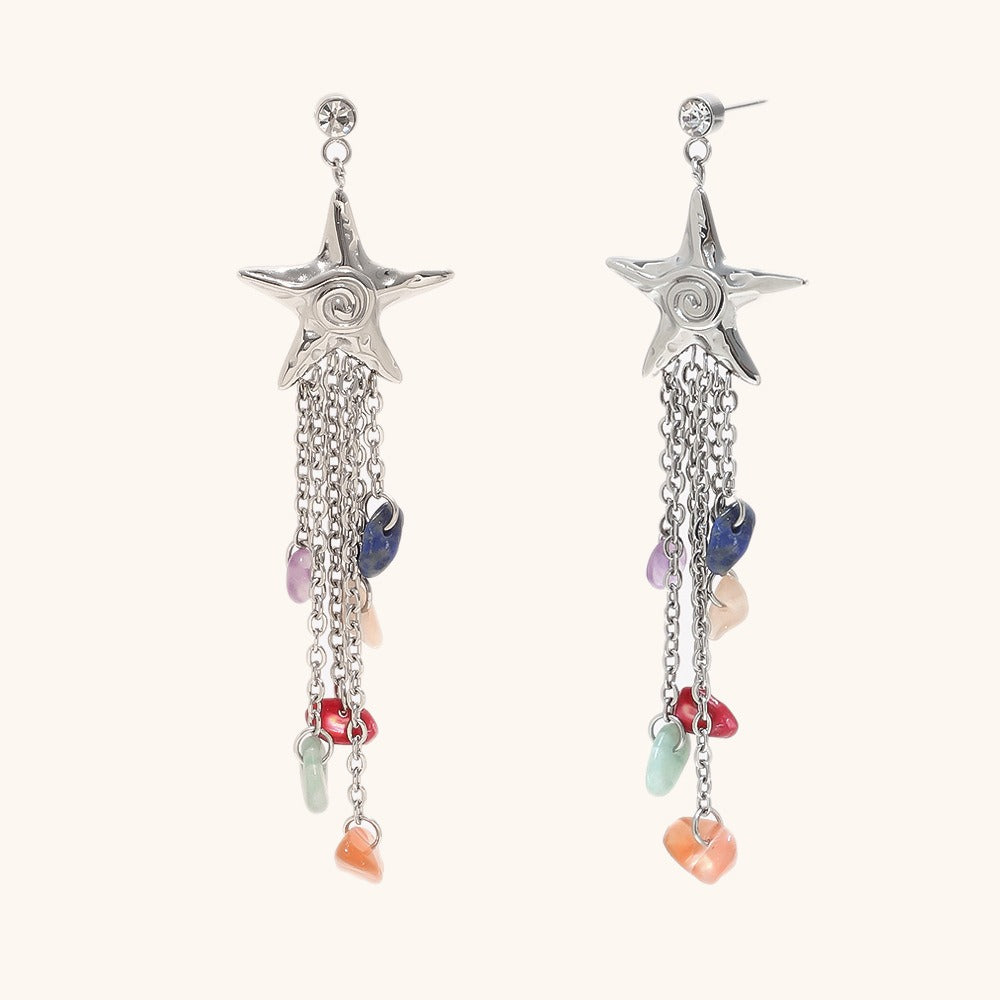 S925 Sterling Silver Starfish Natural Stone Tassel Earrings 18K Gold Bohemian Colorful Gemstone Dangle Earrings